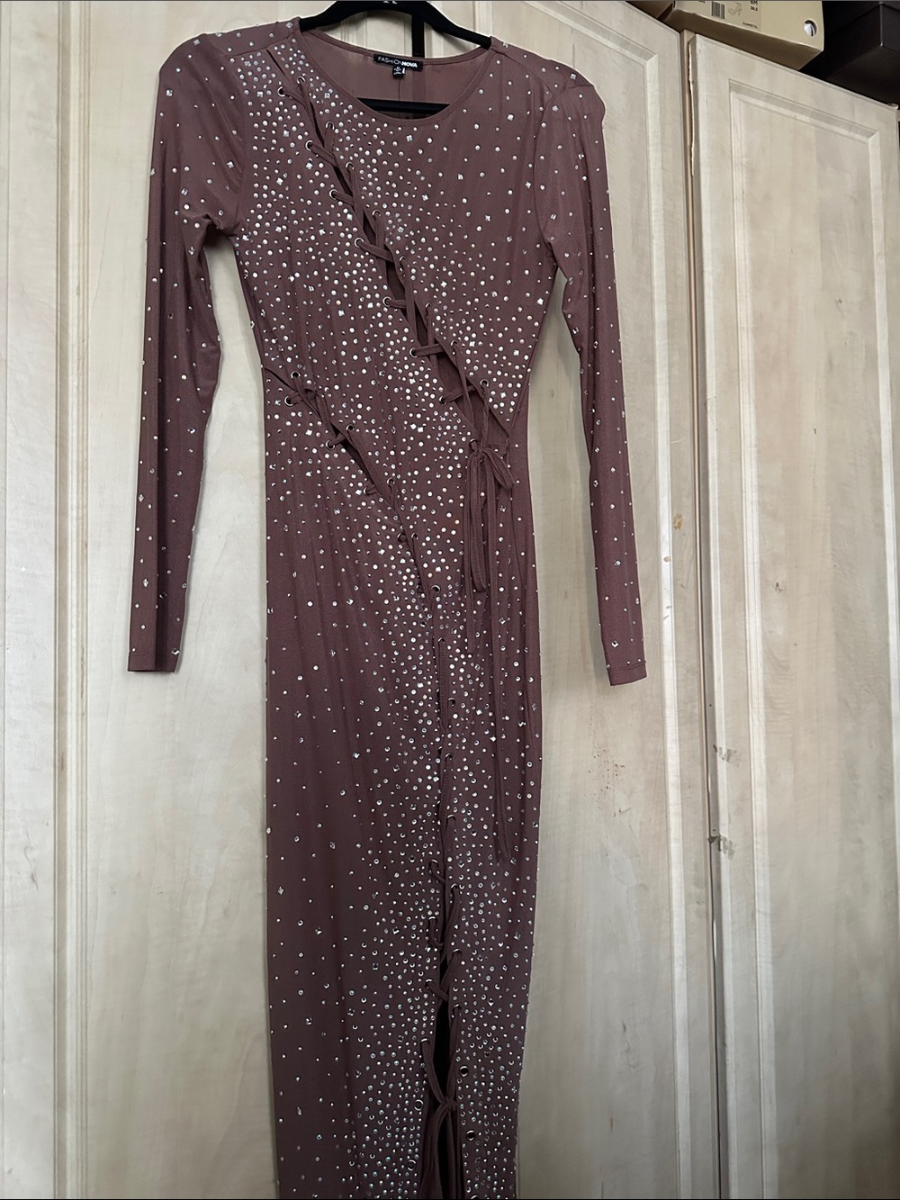 Fashion Nova Mauve Long Sleeve Wrap-Accent Dress with Stud Detail